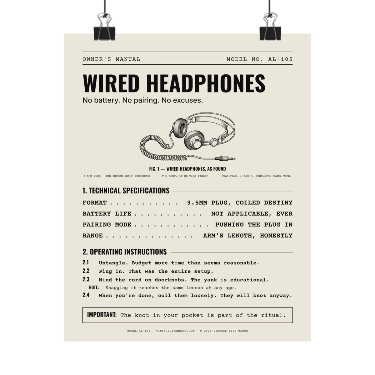 Wired Headphones Owner's Manual Poster | Retro Analog Life Wall Art in 8" x 10"