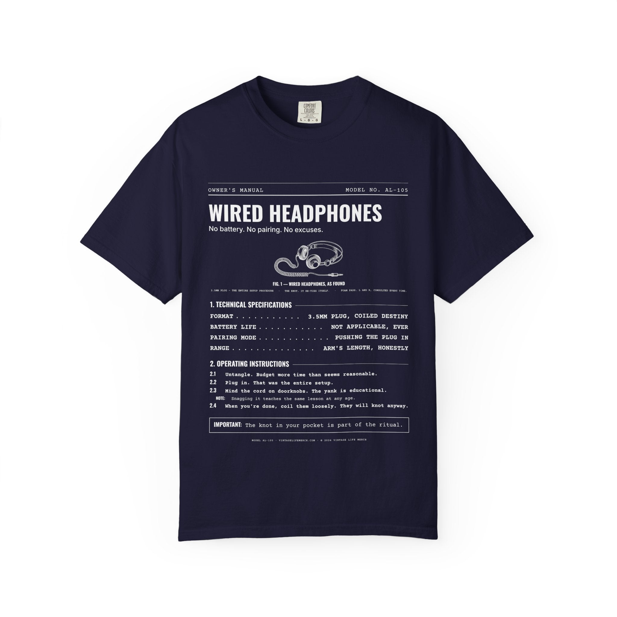 Wired Headphones Spec Sheet Shirt | Analog Life Vintage Tee in True Navy