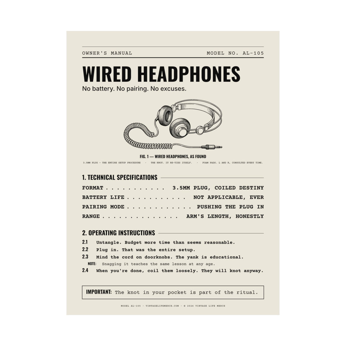 Wired Headphones Owner's Manual Poster | Retro Analog Life Wall Art