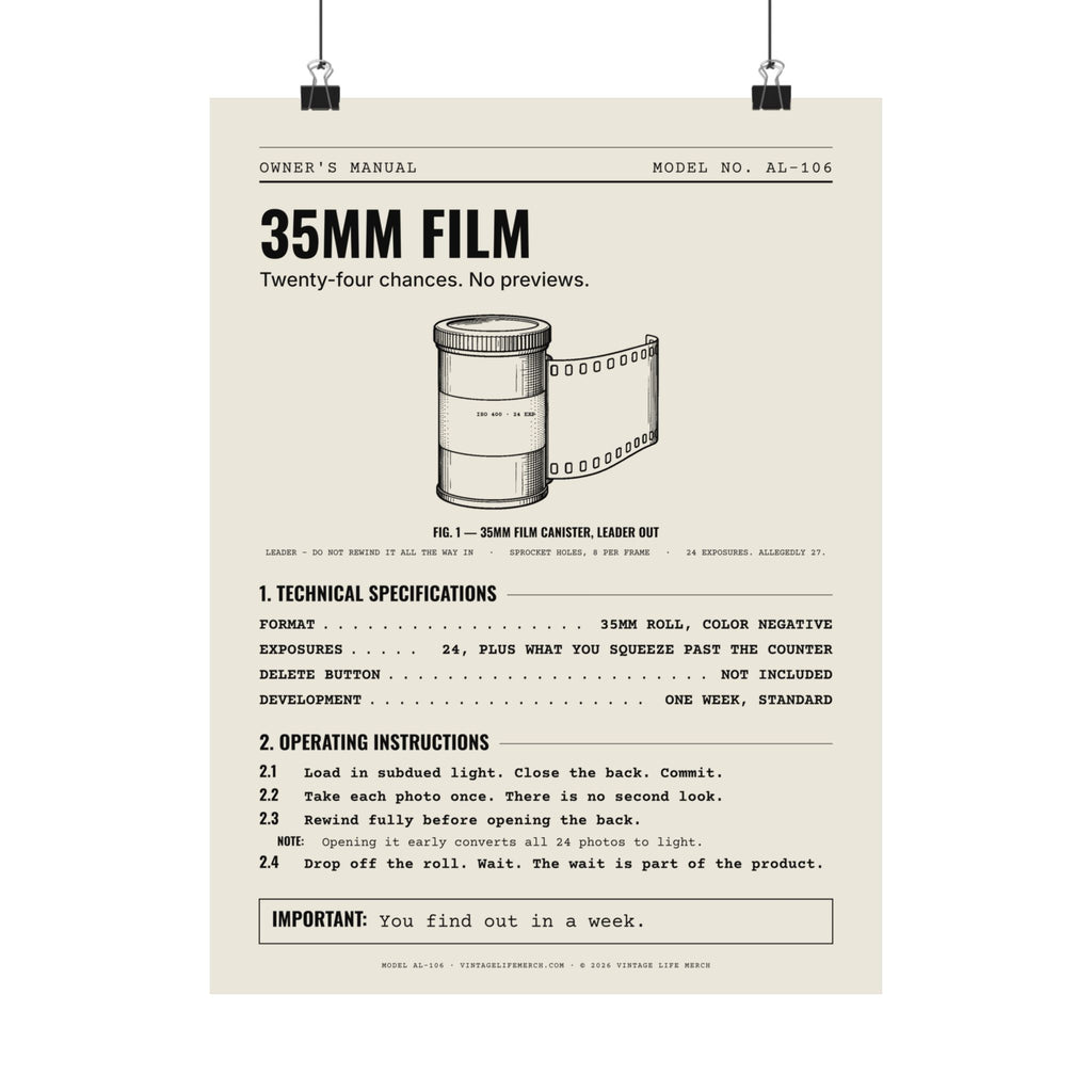 35mm Film Owner's Manual Poster | Retro Analog Life Wall Art in 12" x 16"