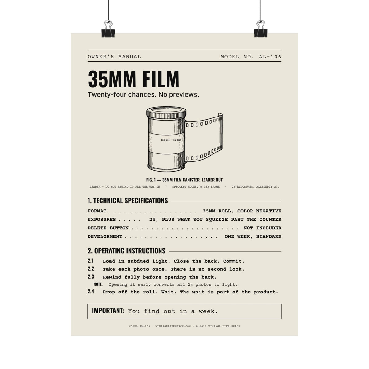 35mm Film Owner's Manual Poster | Retro Analog Life Wall Art in 12" x 16"