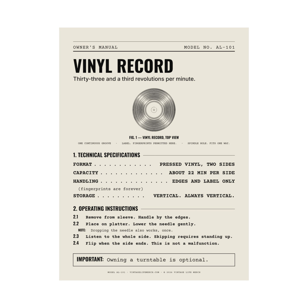 Vinyl Record Owner's Manual Poster | Retro Analog Life Wall Art