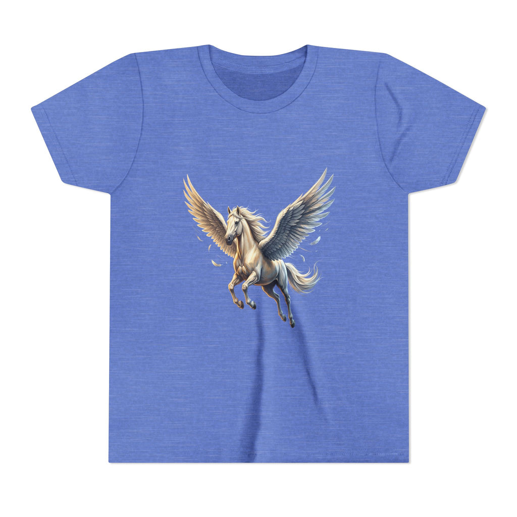 Majestic Pegasus Illustration Youth Tee | Flying Horse Graphic Tee in Heather Columbia Blue