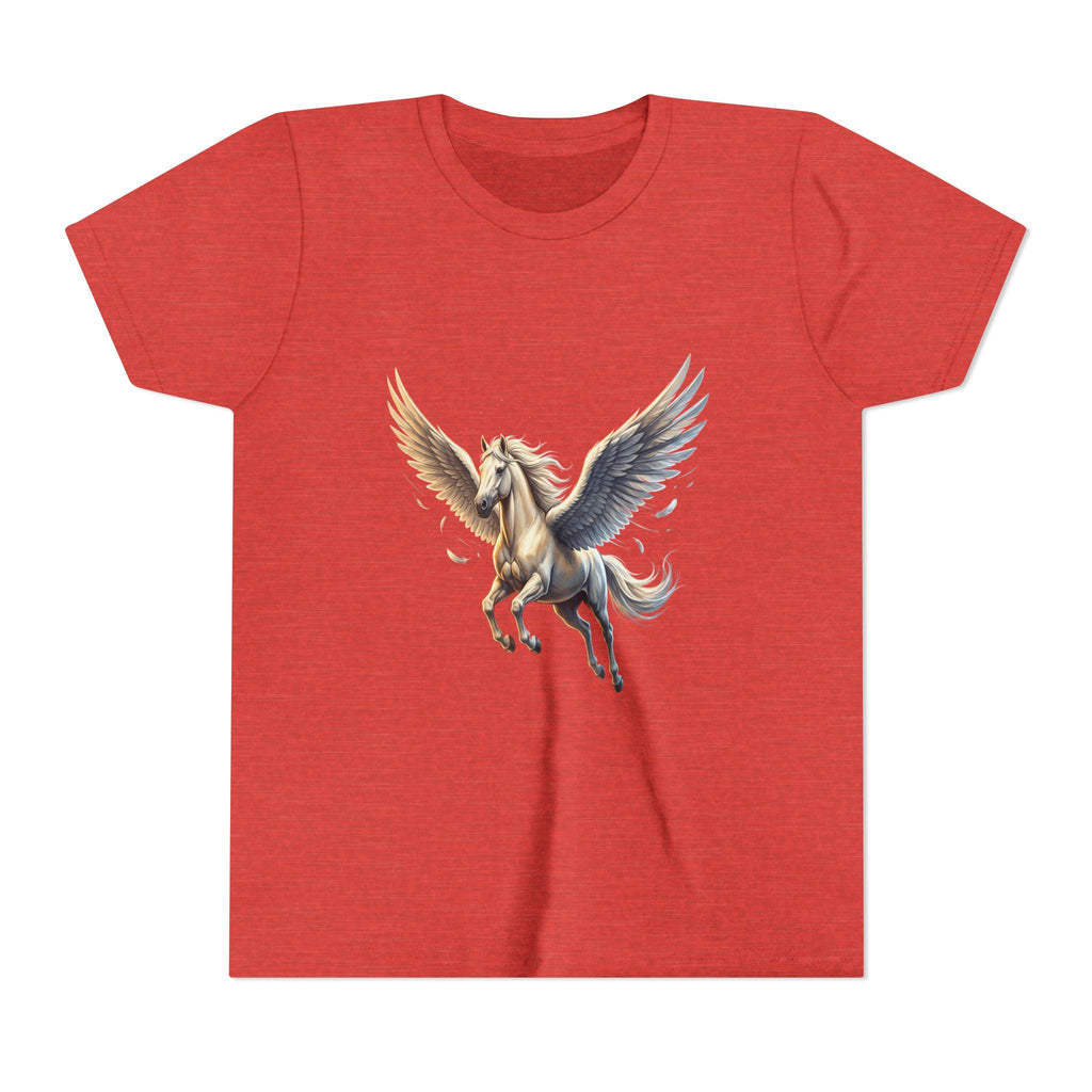 Majestic Pegasus Illustration Youth Tee | Flying Horse Graphic Tee in Heather Red