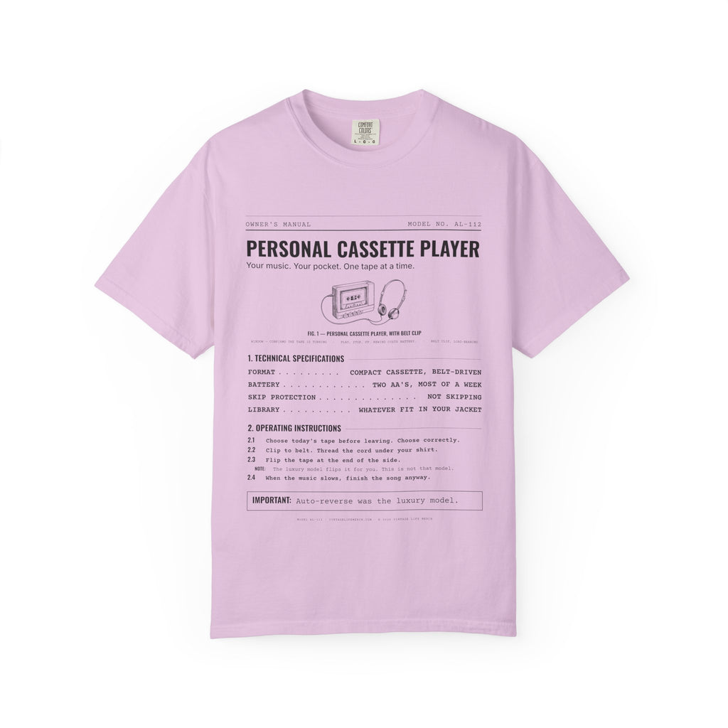 Personal Cassette Player Spec Sheet Shirt | Analog Life Vintage Tee in Orchid