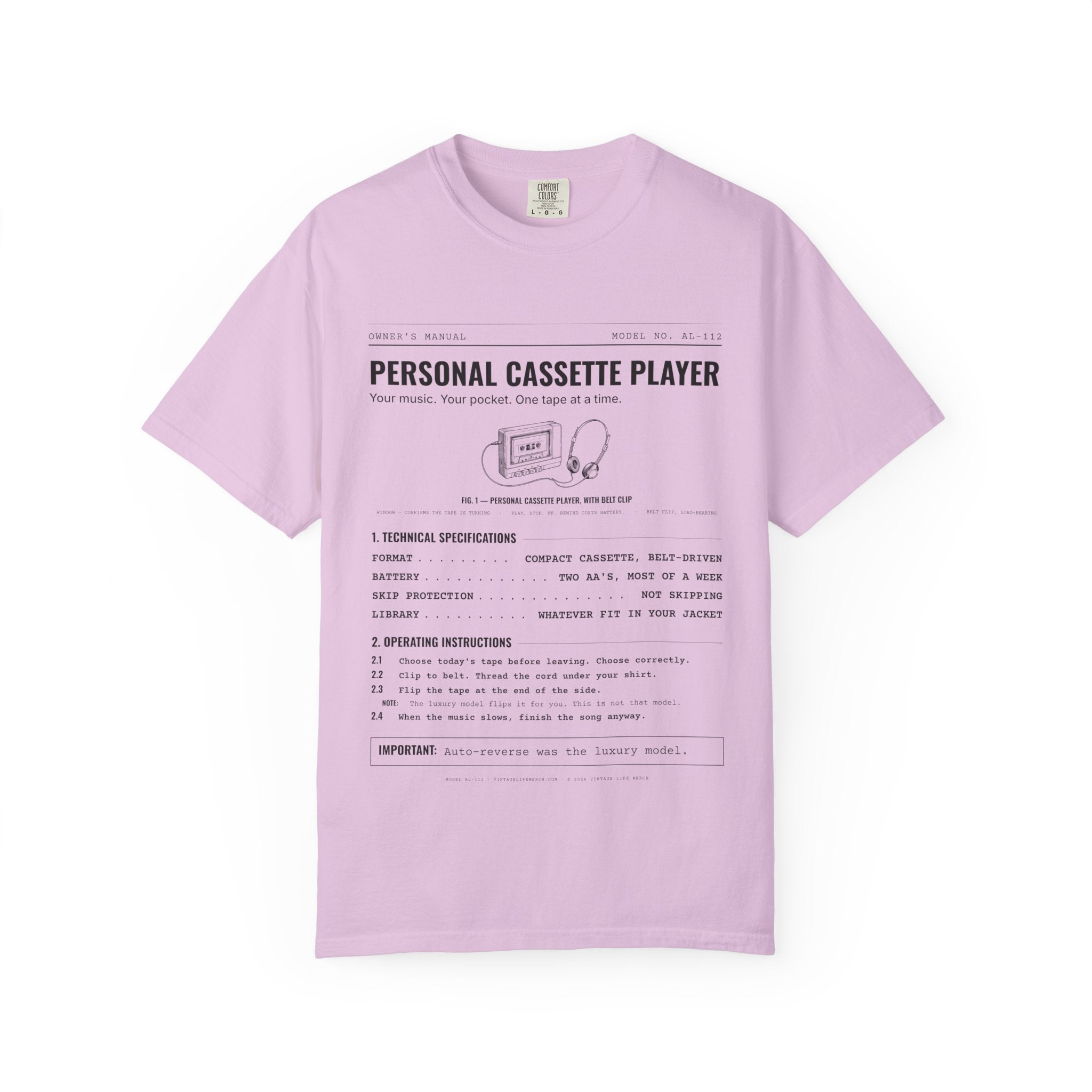 Personal Cassette Player Spec Sheet Shirt | Analog Life Vintage Tee in Orchid