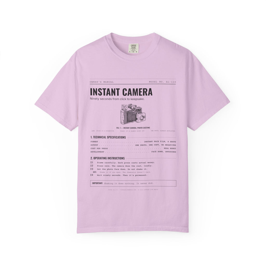 Instant Camera Spec Sheet Shirt | Analog Life Vintage Tee in Orchid