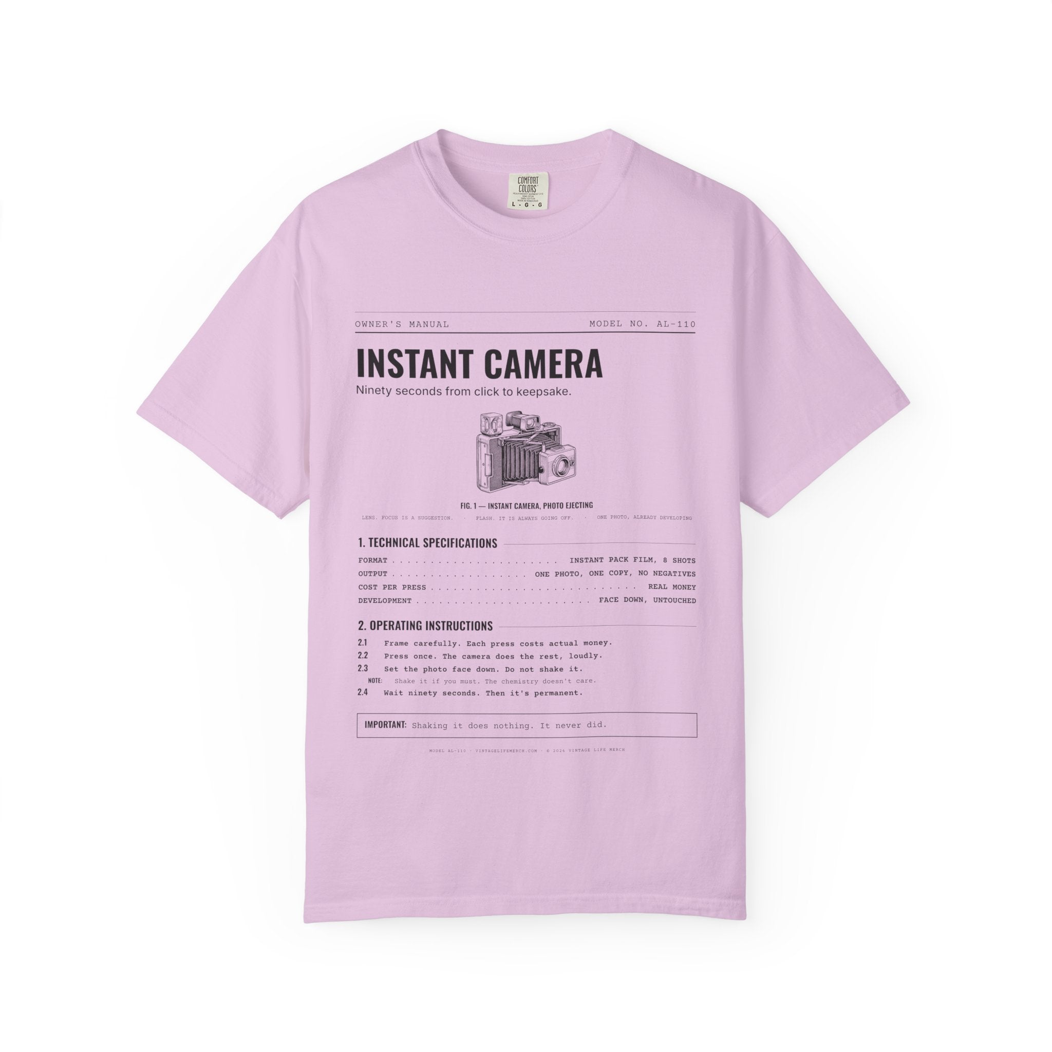Instant Camera Spec Sheet Shirt | Analog Life Vintage Tee in Orchid