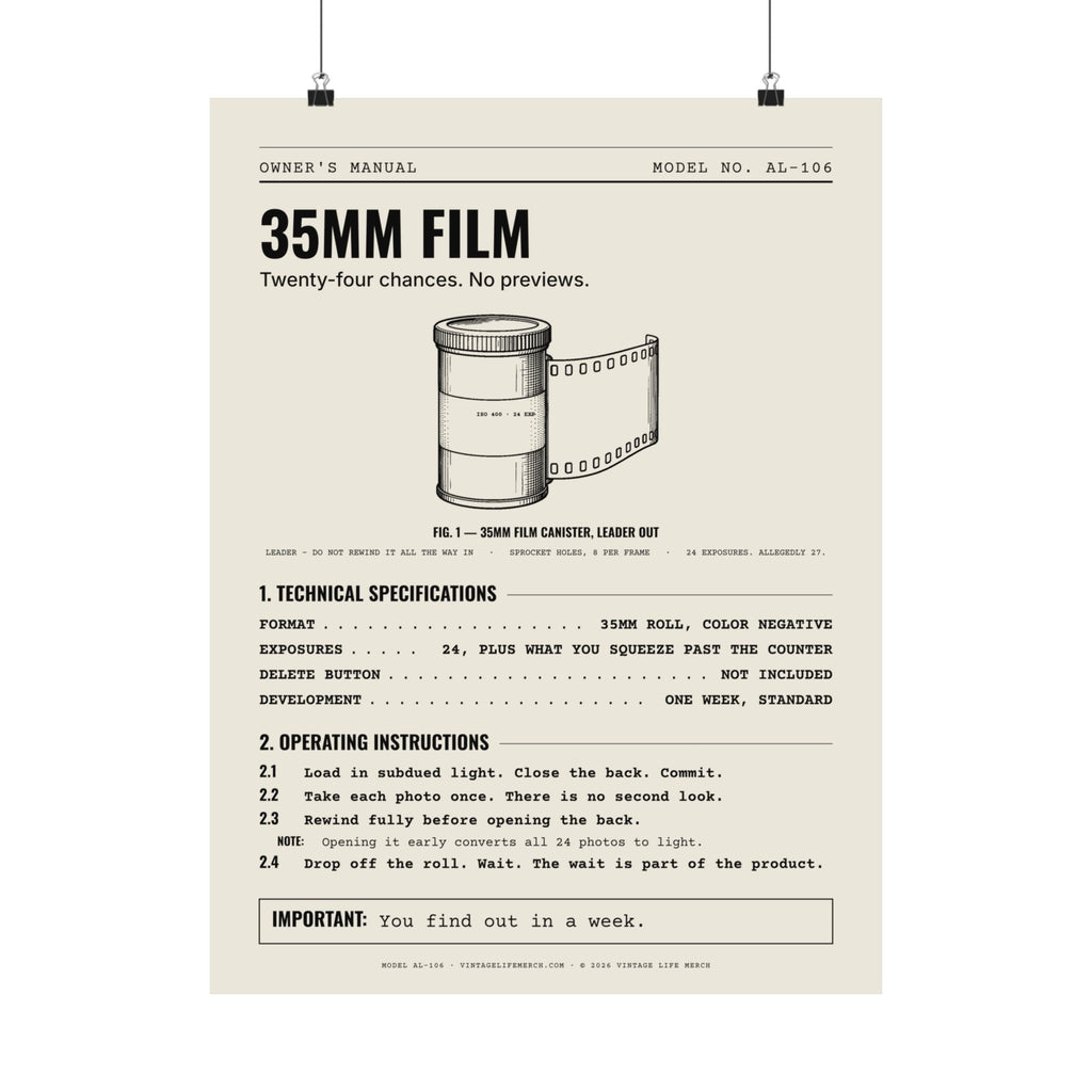 35mm Film Owner's Manual Poster | Retro Analog Life Wall Art in 18″ x 24″