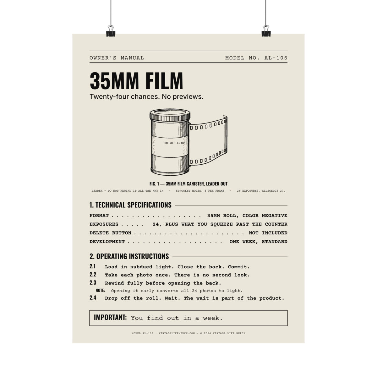 35mm Film Owner's Manual Poster | Retro Analog Life Wall Art in 18″ x 24″