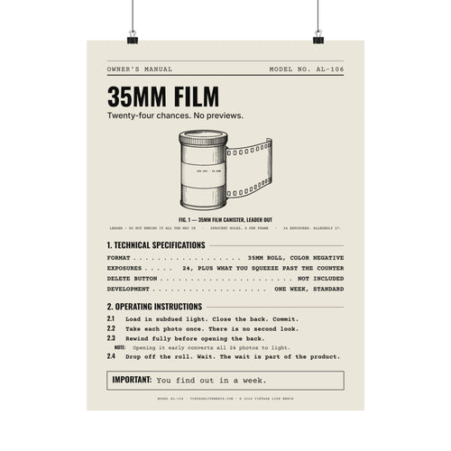 35mm Film Owner's Manual Poster | Retro Analog Life Wall Art in 18″ x 24″