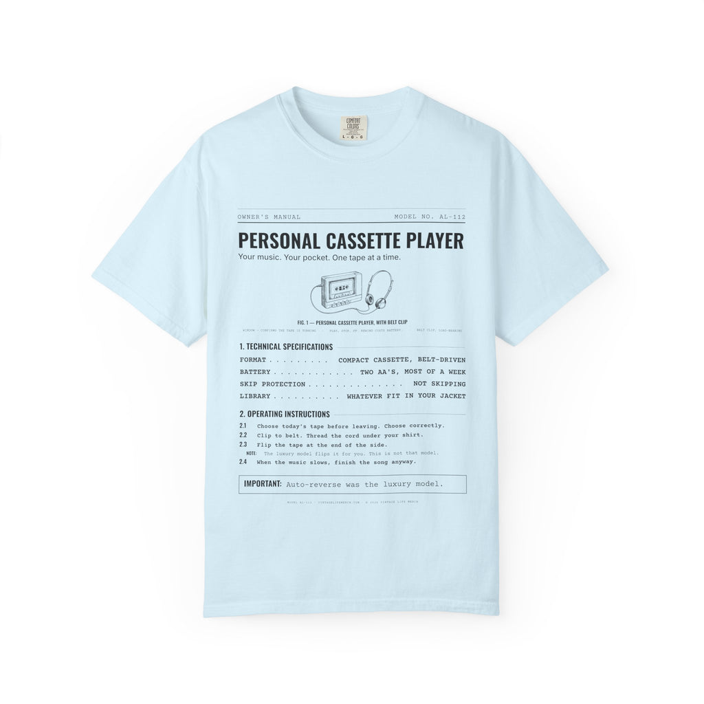 Personal Cassette Player Spec Sheet Shirt | Analog Life Vintage Tee in Chambray