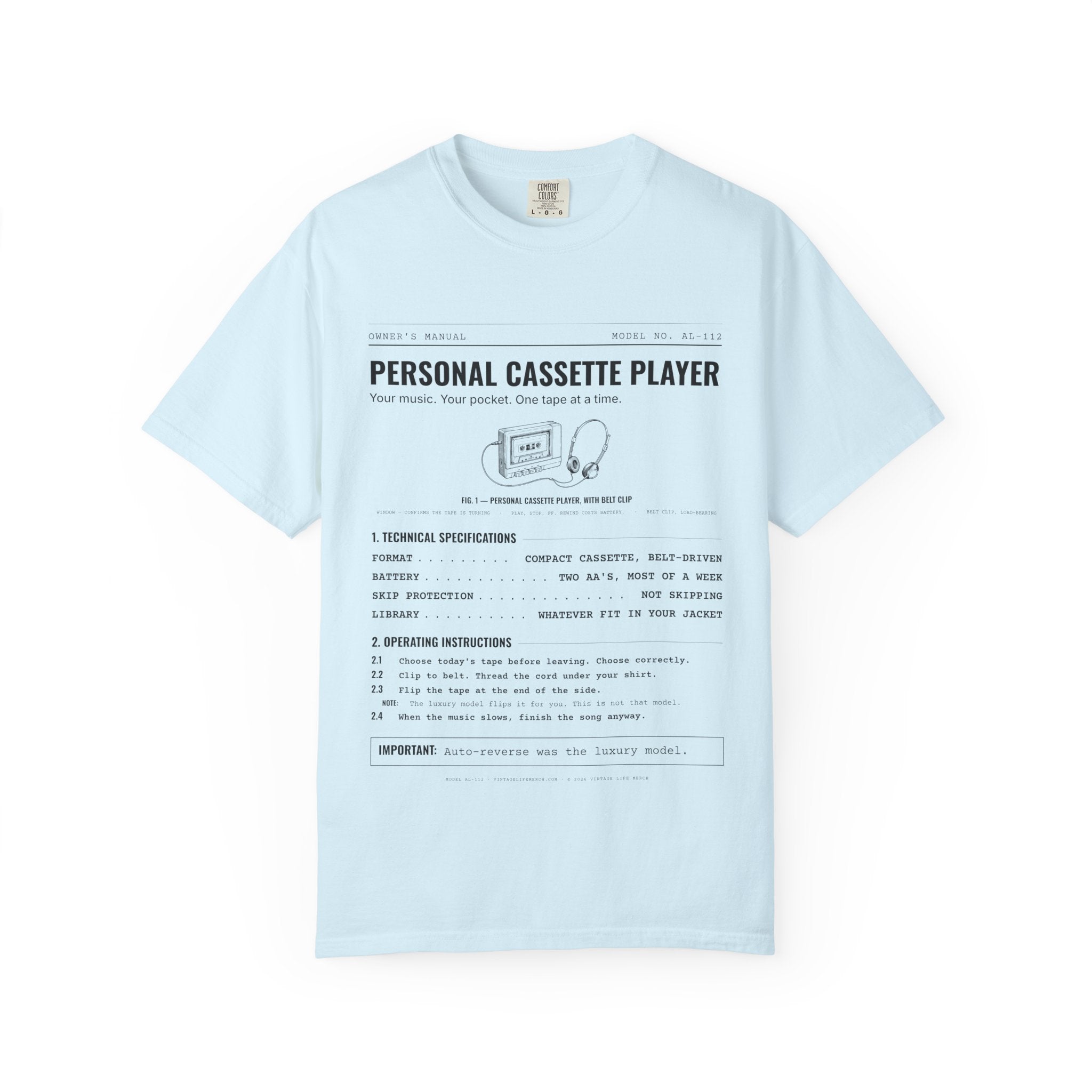 Personal Cassette Player Spec Sheet Shirt | Analog Life Vintage Tee in Chambray