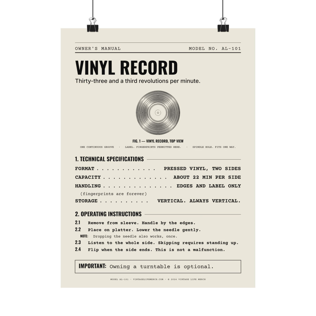 Vinyl Record Owner's Manual Poster | Retro Analog Life Wall Art in 12" x 16"