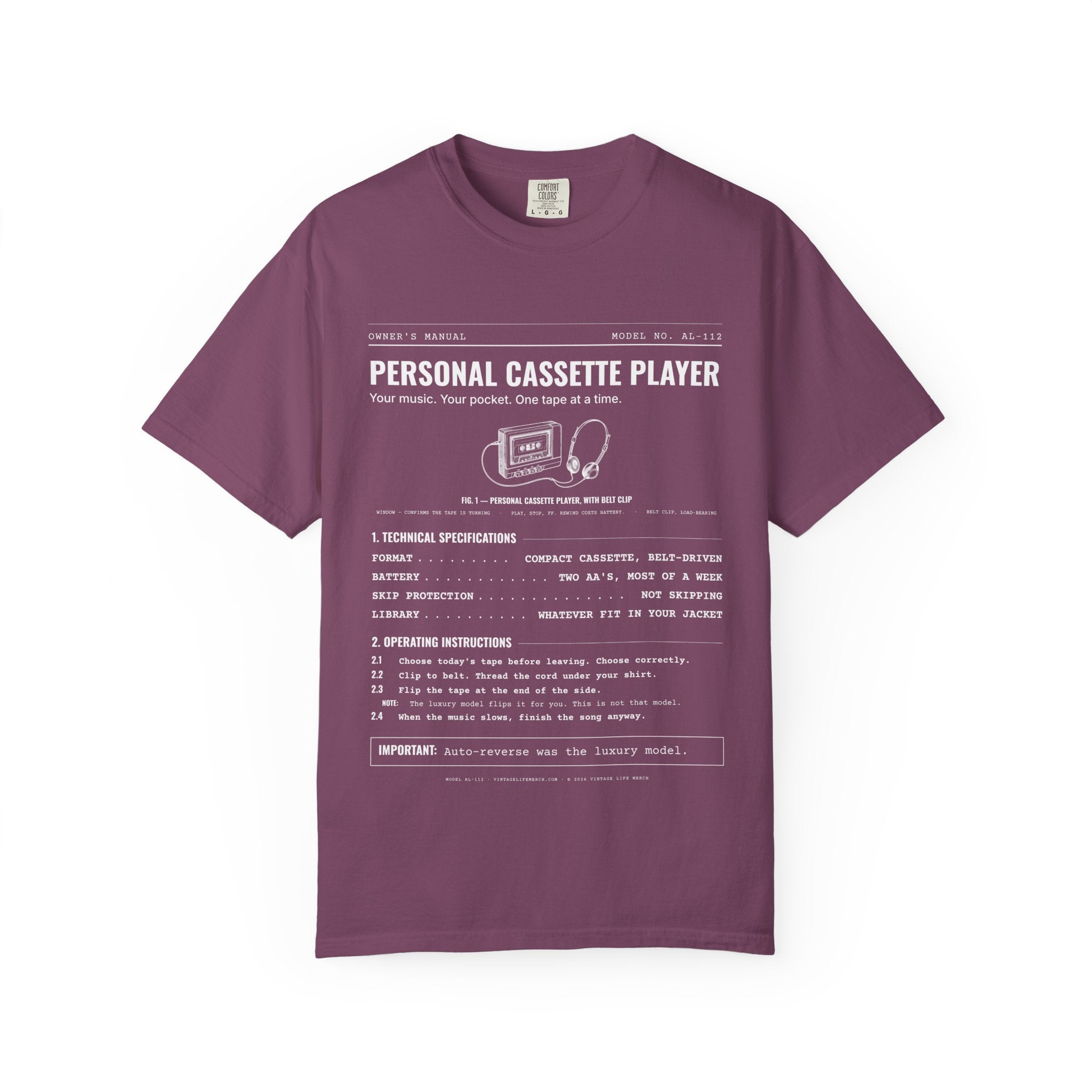 Personal Cassette Player Spec Sheet Shirt | Analog Life Vintage Tee in Berry
