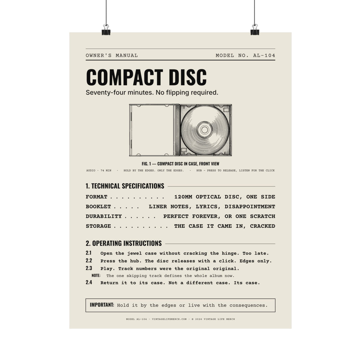 Compact Disc Owner's Manual Poster | Retro Analog Life Wall Art in 18″ x 24″