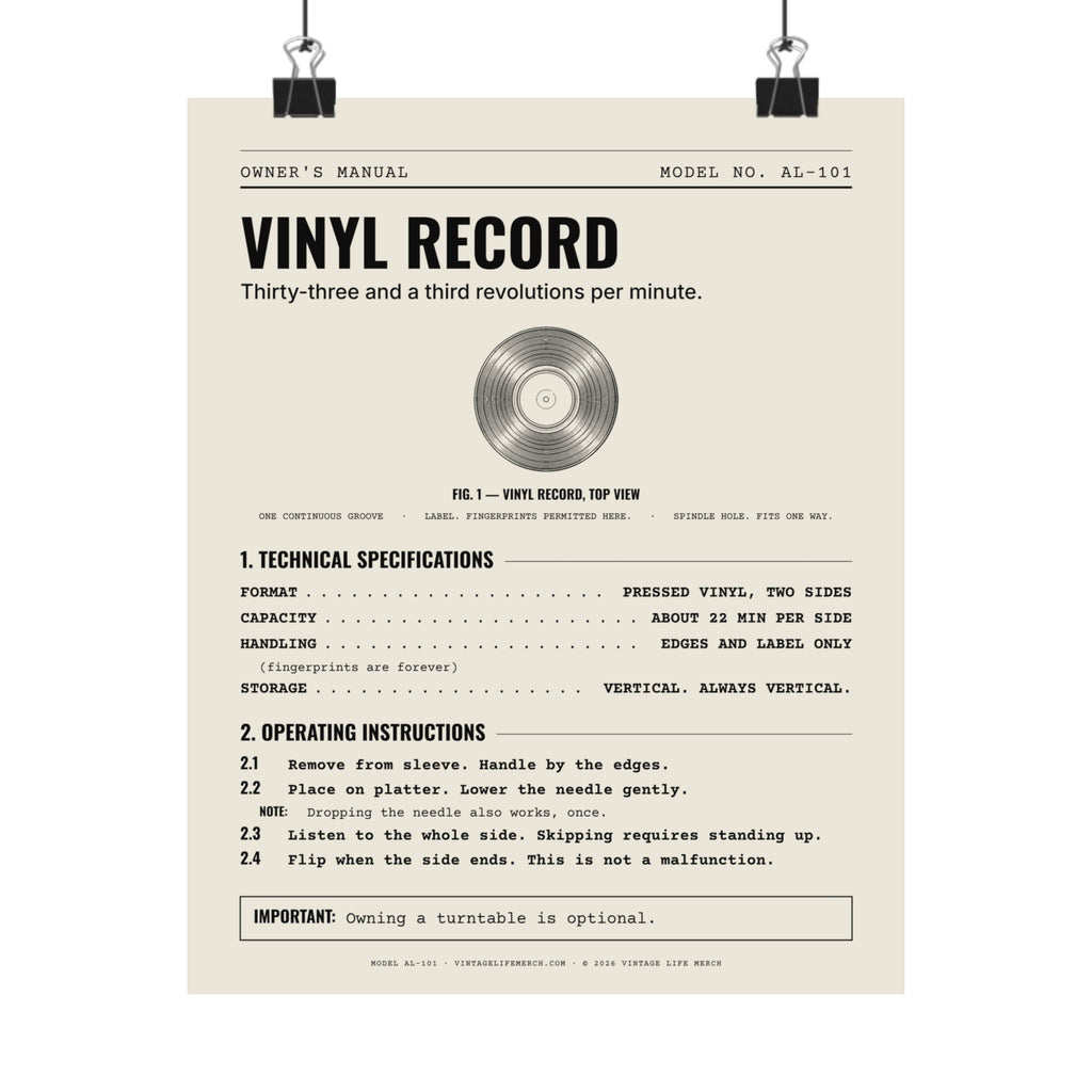 Vinyl Record Owner's Manual Poster | Retro Analog Life Wall Art in 8" x 10"