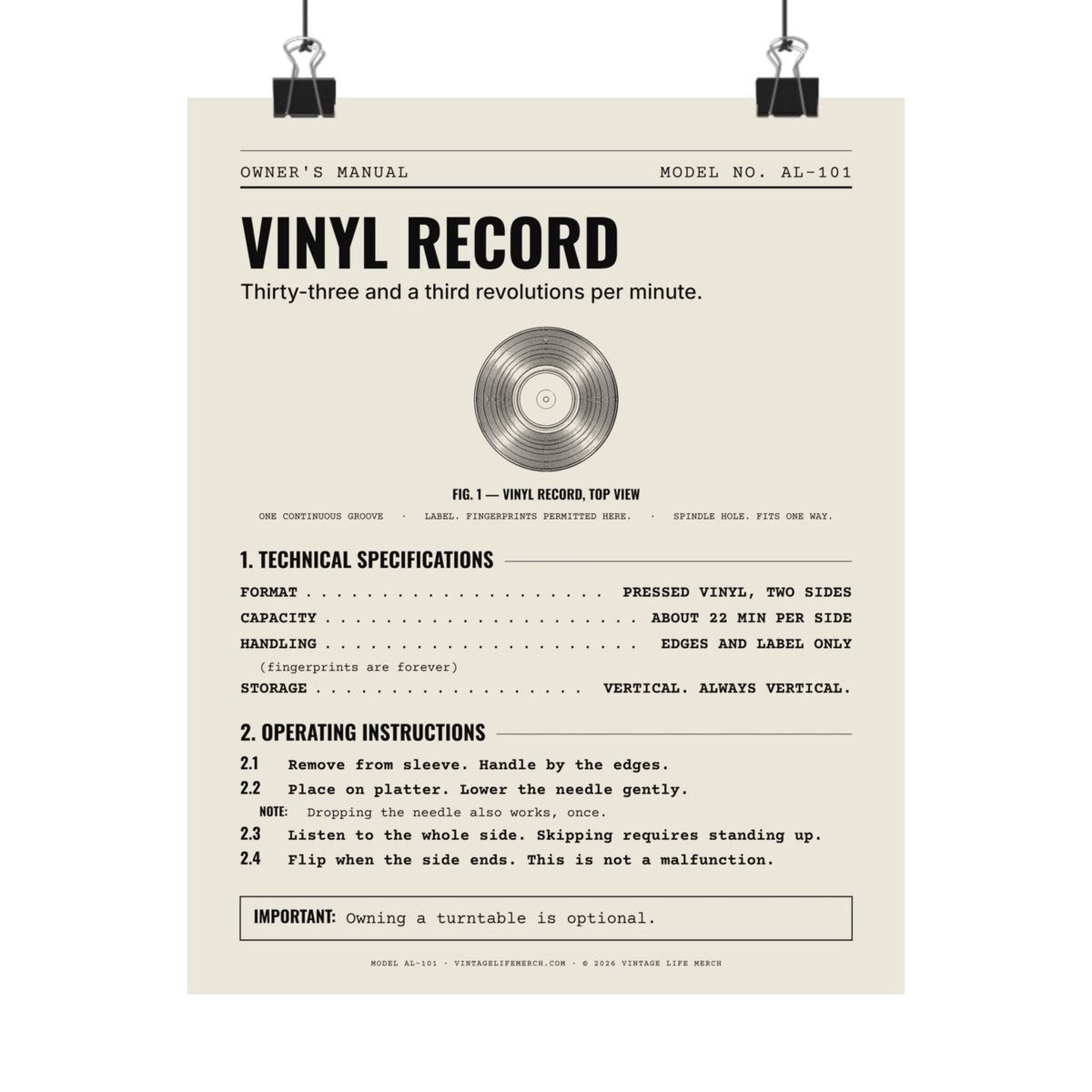 Vinyl Record Owner's Manual Poster | Retro Analog Life Wall Art in 8" x 10"