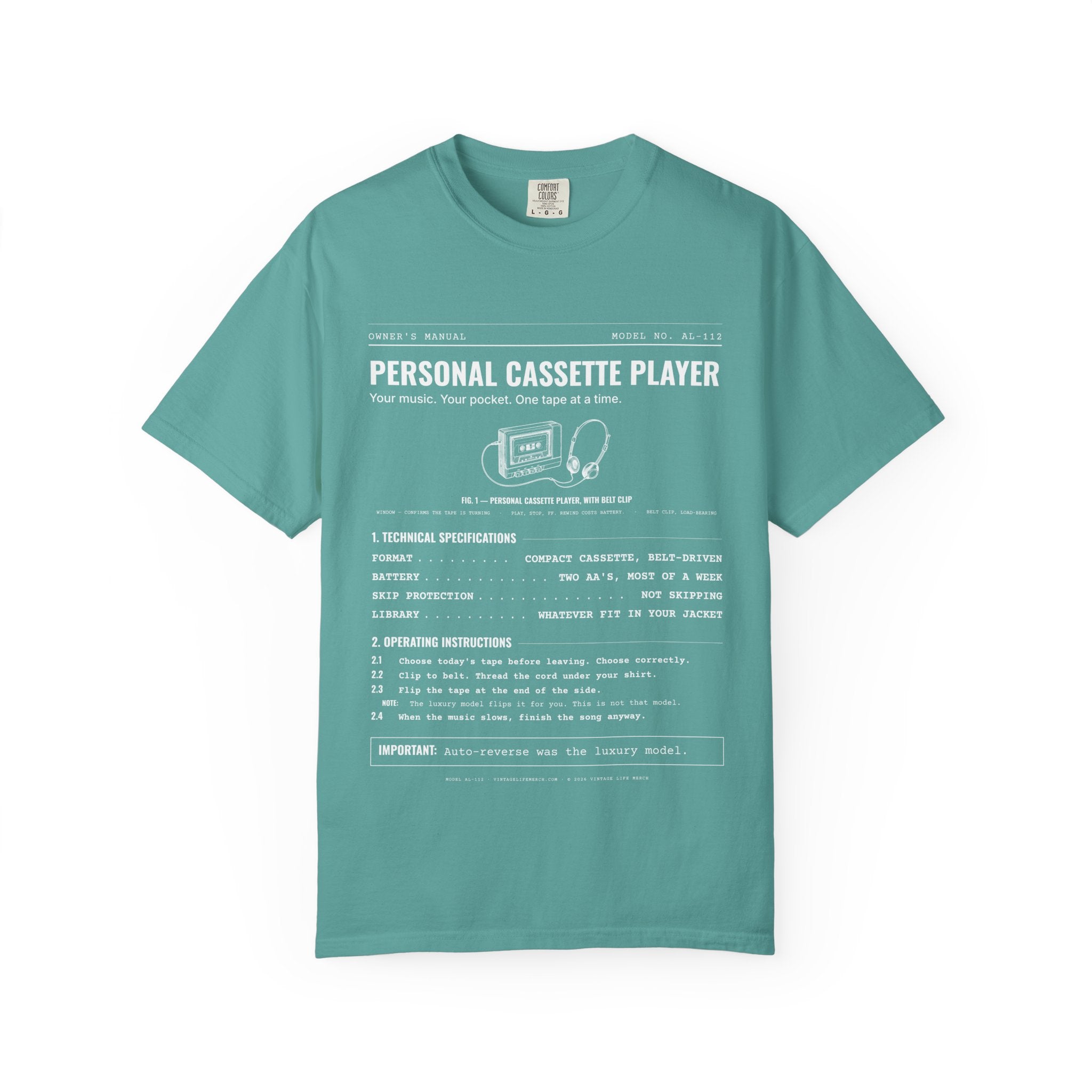 Personal Cassette Player Spec Sheet Shirt | Analog Life Vintage Tee in Seafoam