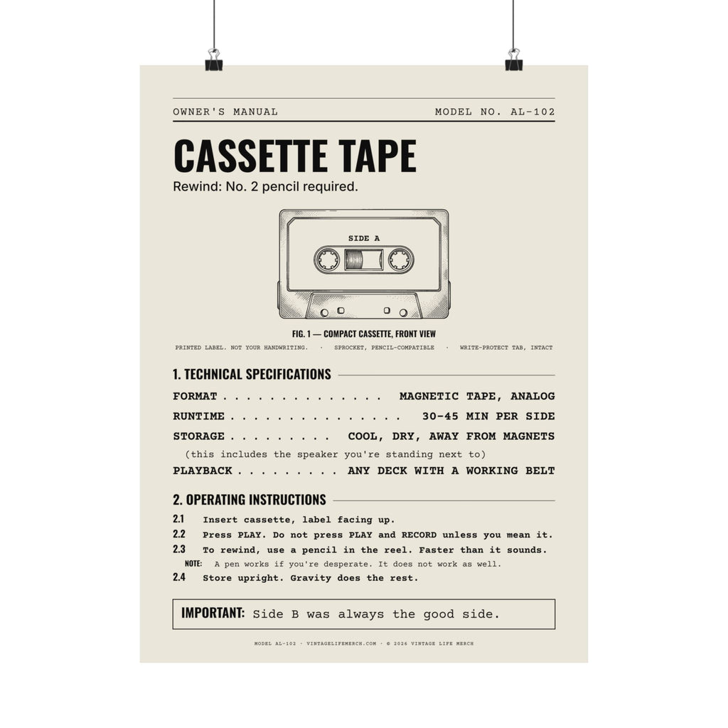 Cassette Tape Owner's Manual Poster | Retro Analog Life Wall Art in 18″ x 24″
