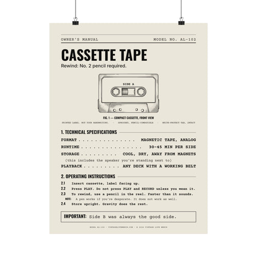 Cassette Tape Owner's Manual Poster | Retro Analog Life Wall Art in 18″ x 24″