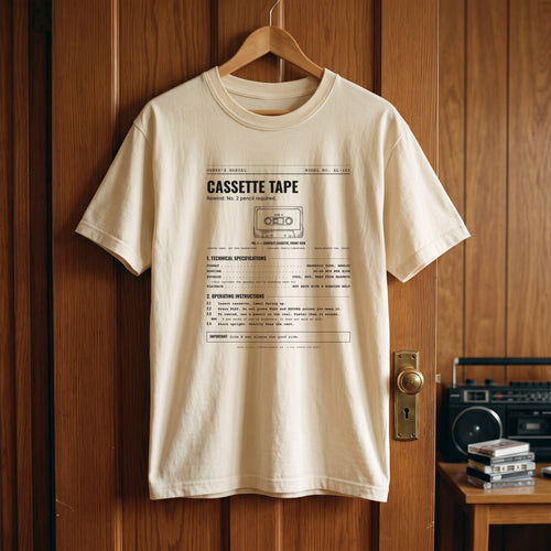 Cassette Tape Spec Sheet Shirt hanging in a 1980s room