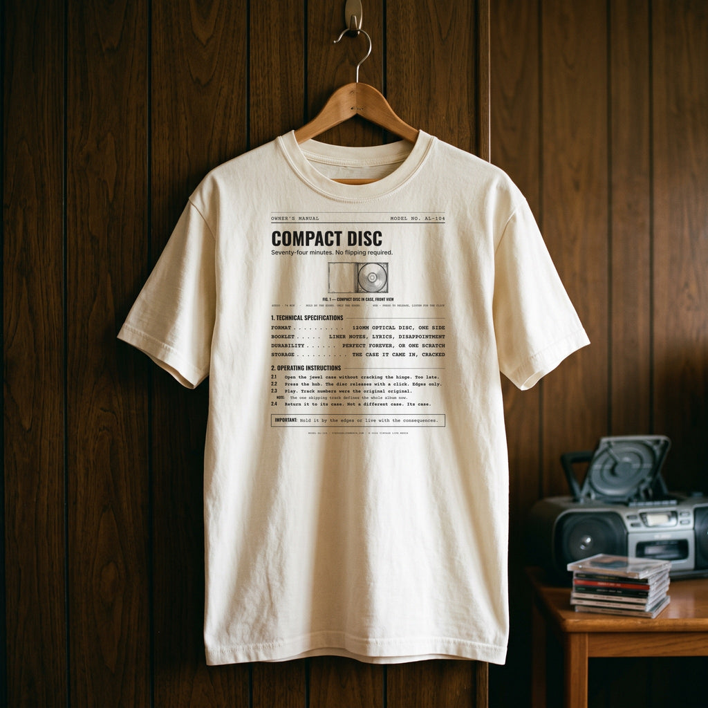 Compact Disc Spec Sheet Shirt hanging in a 1980s room