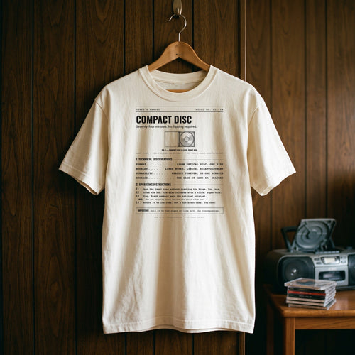 Compact Disc Spec Sheet Shirt hanging in a 1980s room