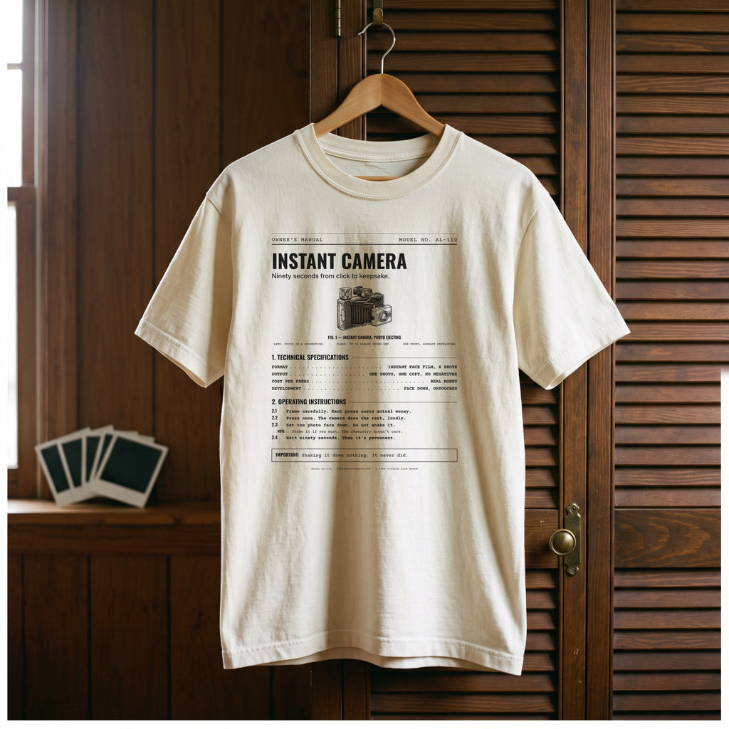 Instant Camera Spec Sheet Shirt in a 1970s room scene