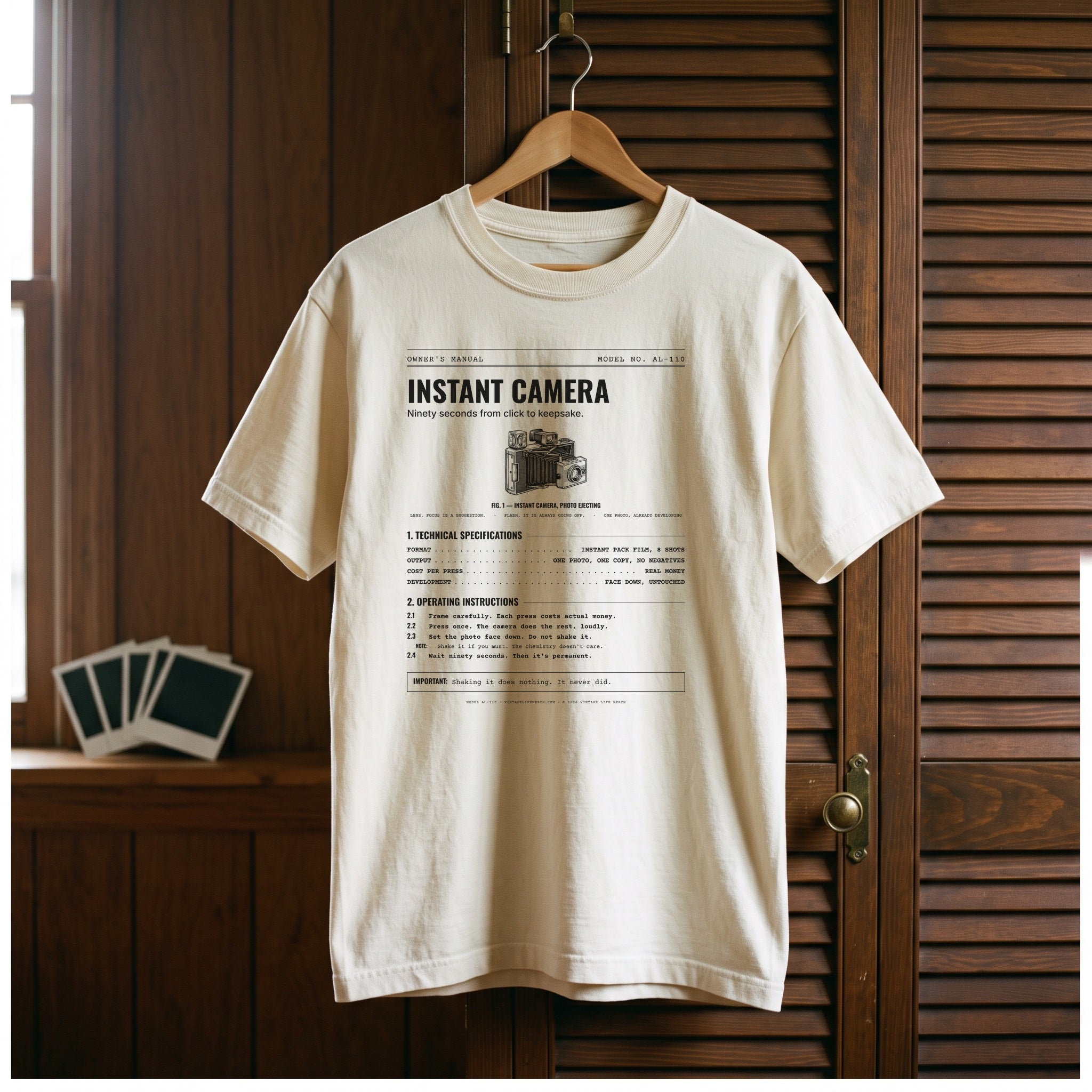 Instant Camera Spec Sheet Shirt in a 1970s room scene