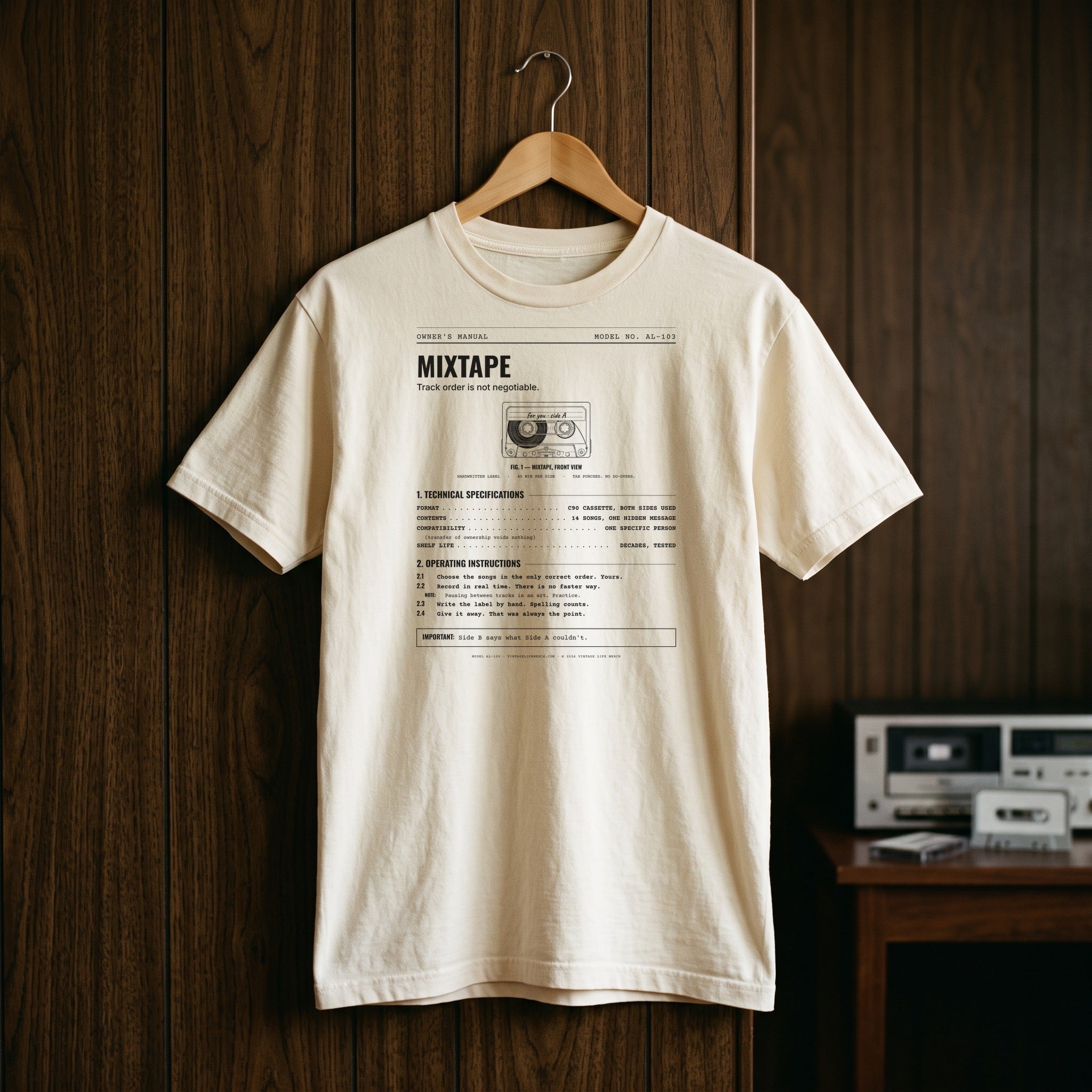 Mixtape Spec Sheet Shirt hanging in a 1980s room
