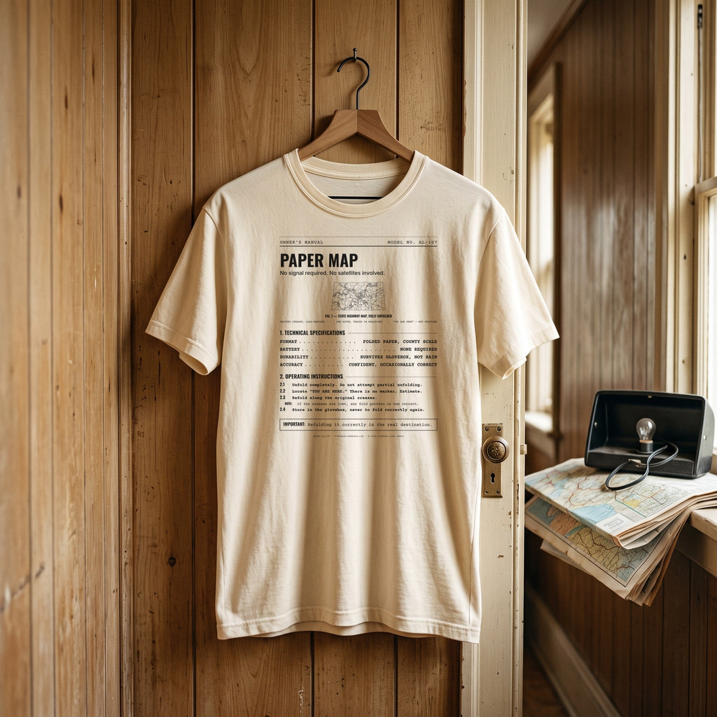 Paper Map Spec Sheet Shirt in a 1970s room scene