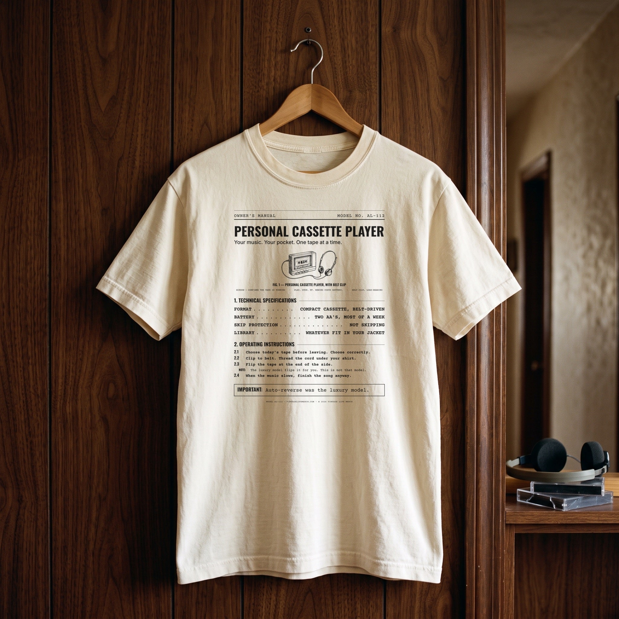 Personal Cassette Player Spec Sheet Shirt in a 1980s room scene