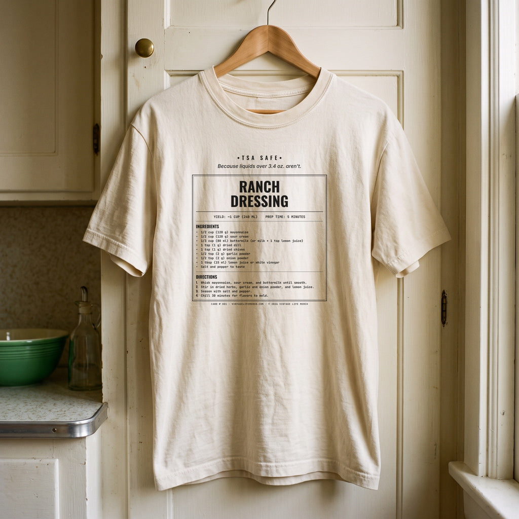 Ranch Dressing recipe shirt on a hanger in a vintage kitchen