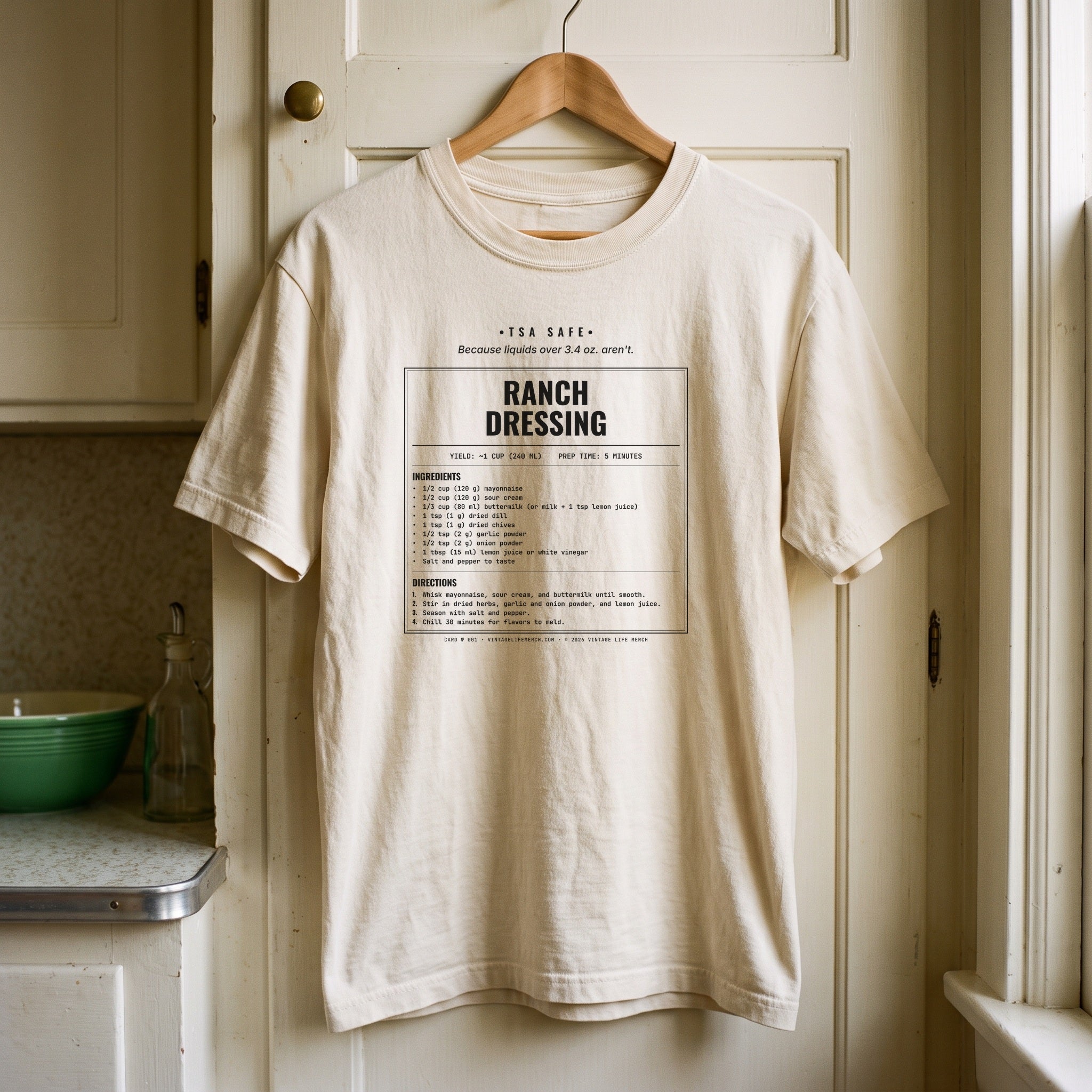 Ranch Dressing recipe shirt on a hanger in a vintage kitchen