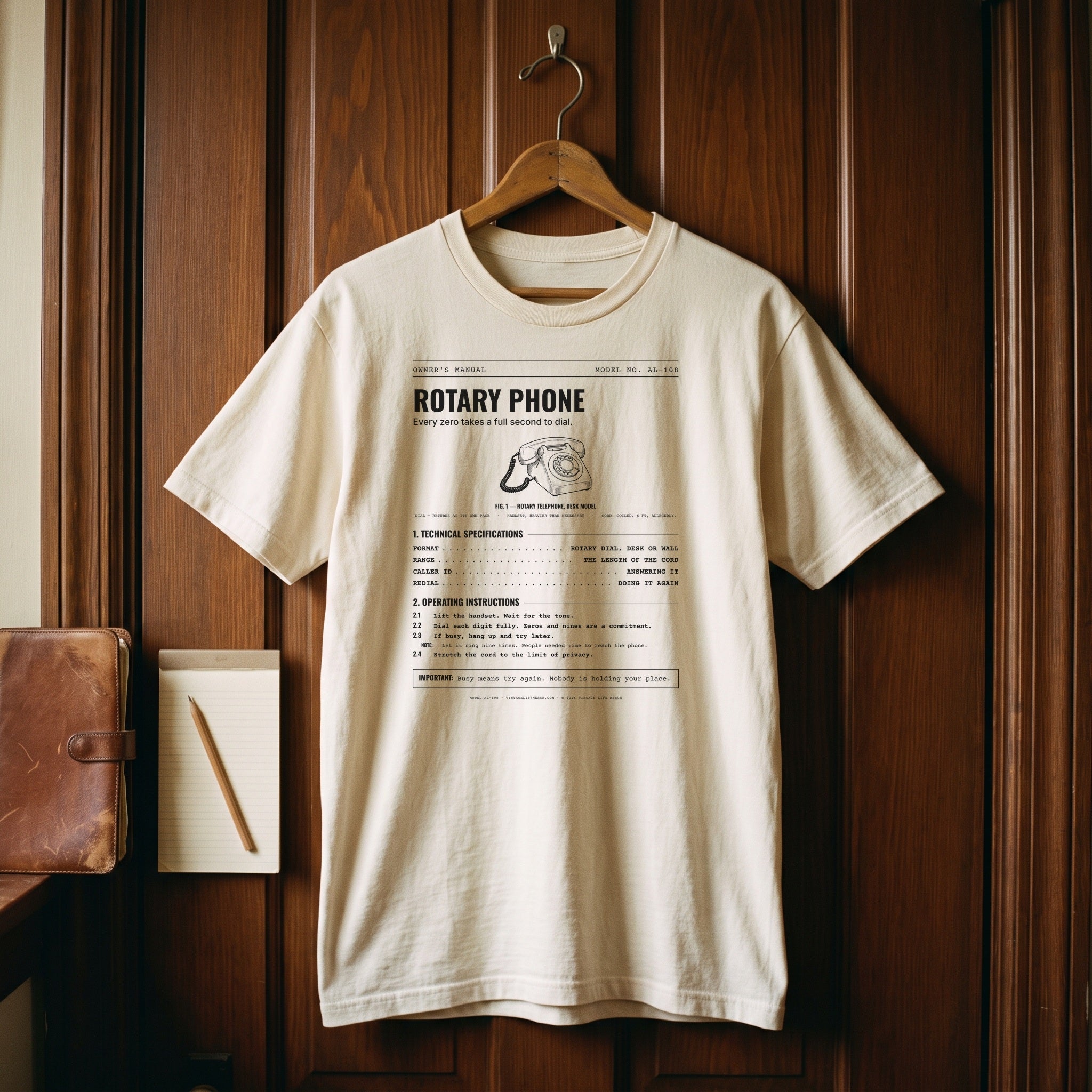 Rotary Phone Spec Sheet Shirt in a 1970s room scene