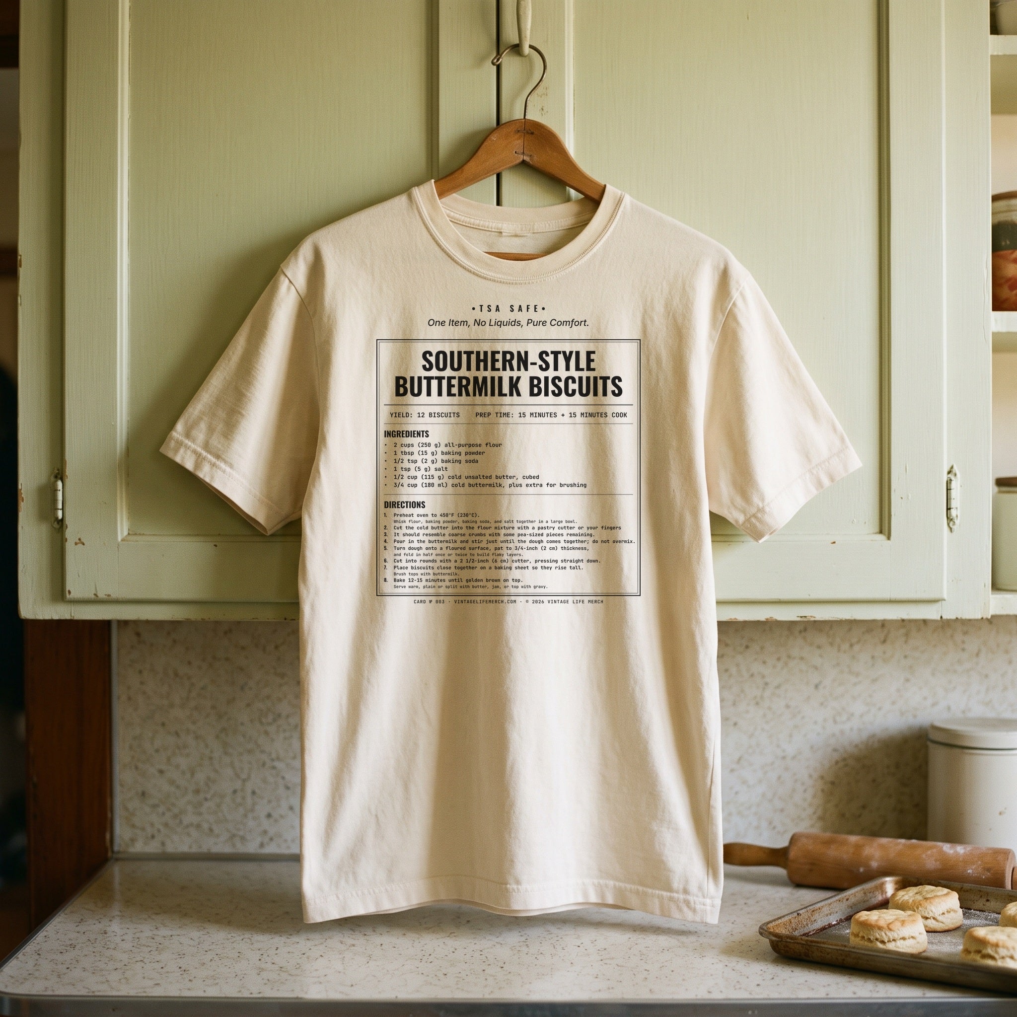 Southern-Style Buttermilk Biscuits recipe shirt on a hanger in a vintage kitchen