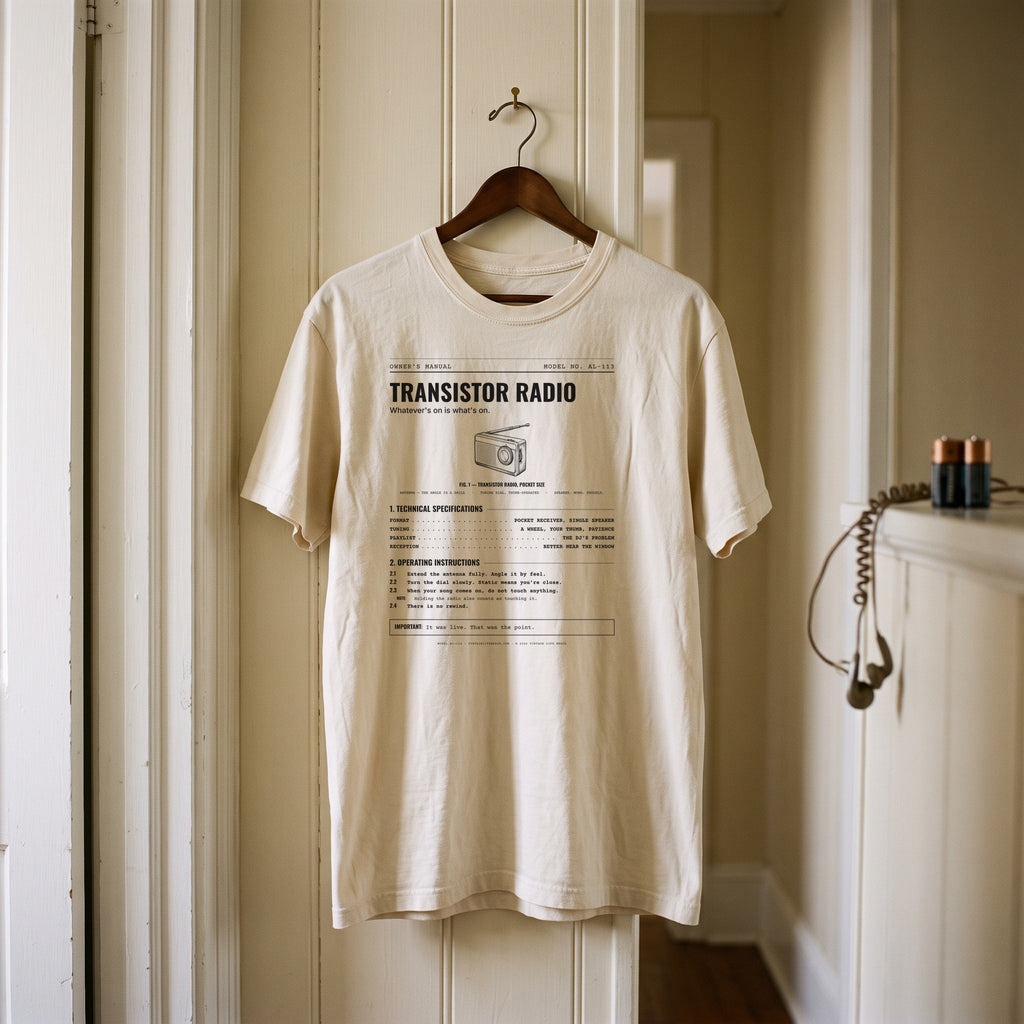 Transistor Radio Spec Sheet Shirt in a 1960s room scene