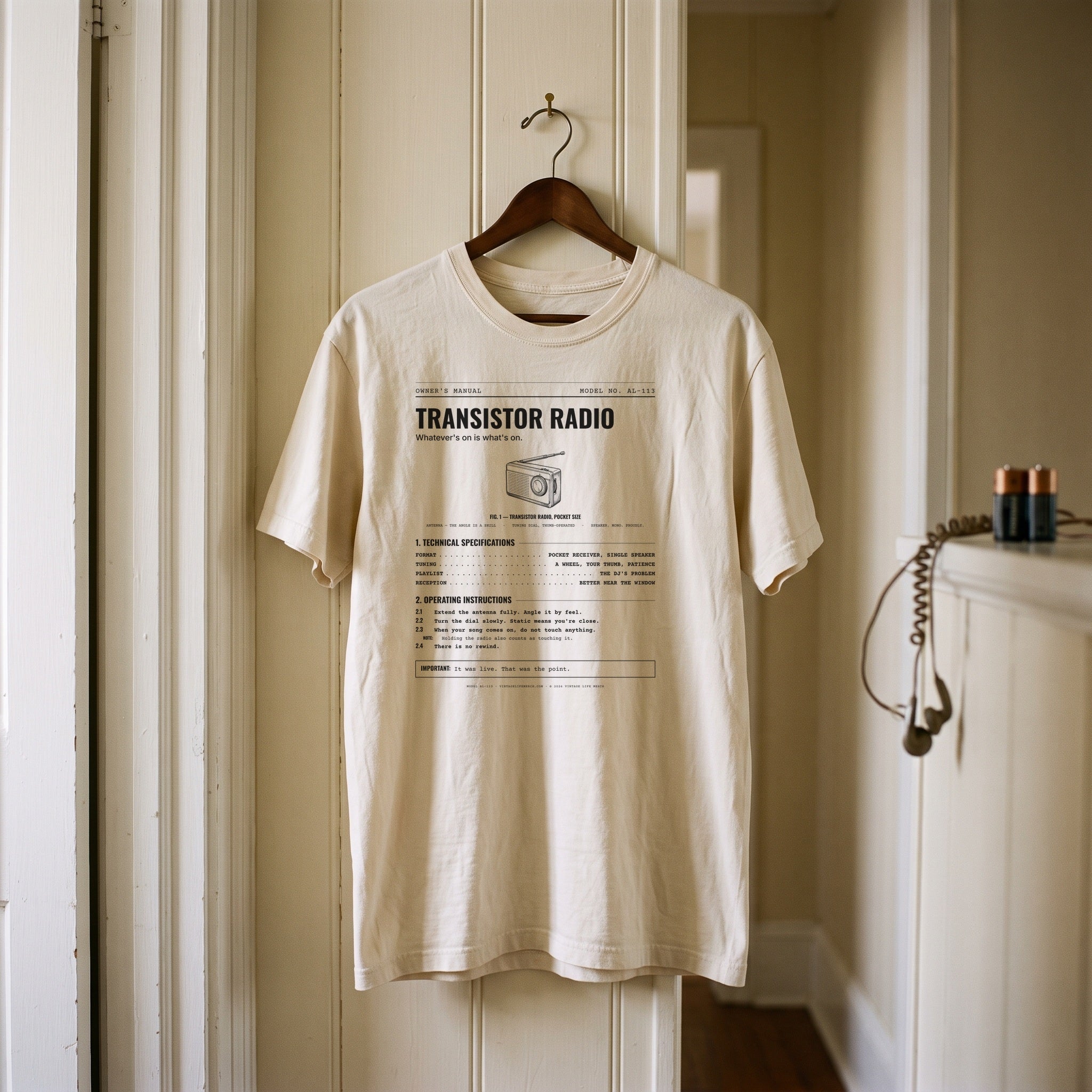 Transistor Radio Spec Sheet Shirt in a 1960s room scene
