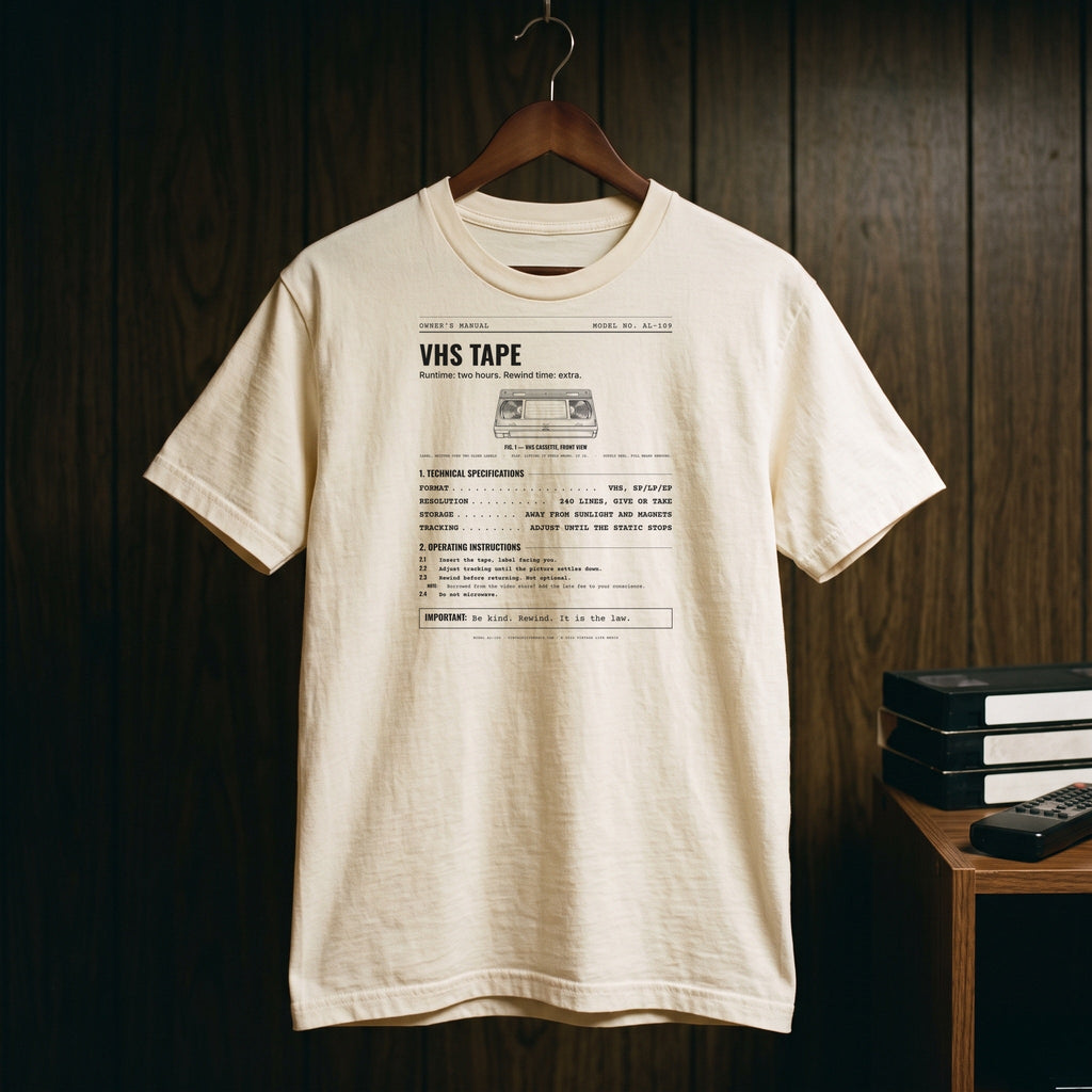 VHS Tape Spec Sheet Shirt in a 1980s room scene