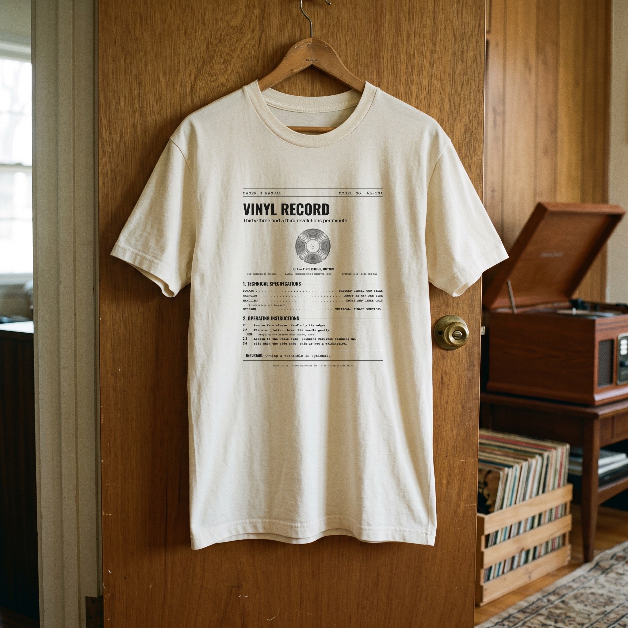 Vinyl Record Spec Sheet Shirt hanging in a 1970s listening room