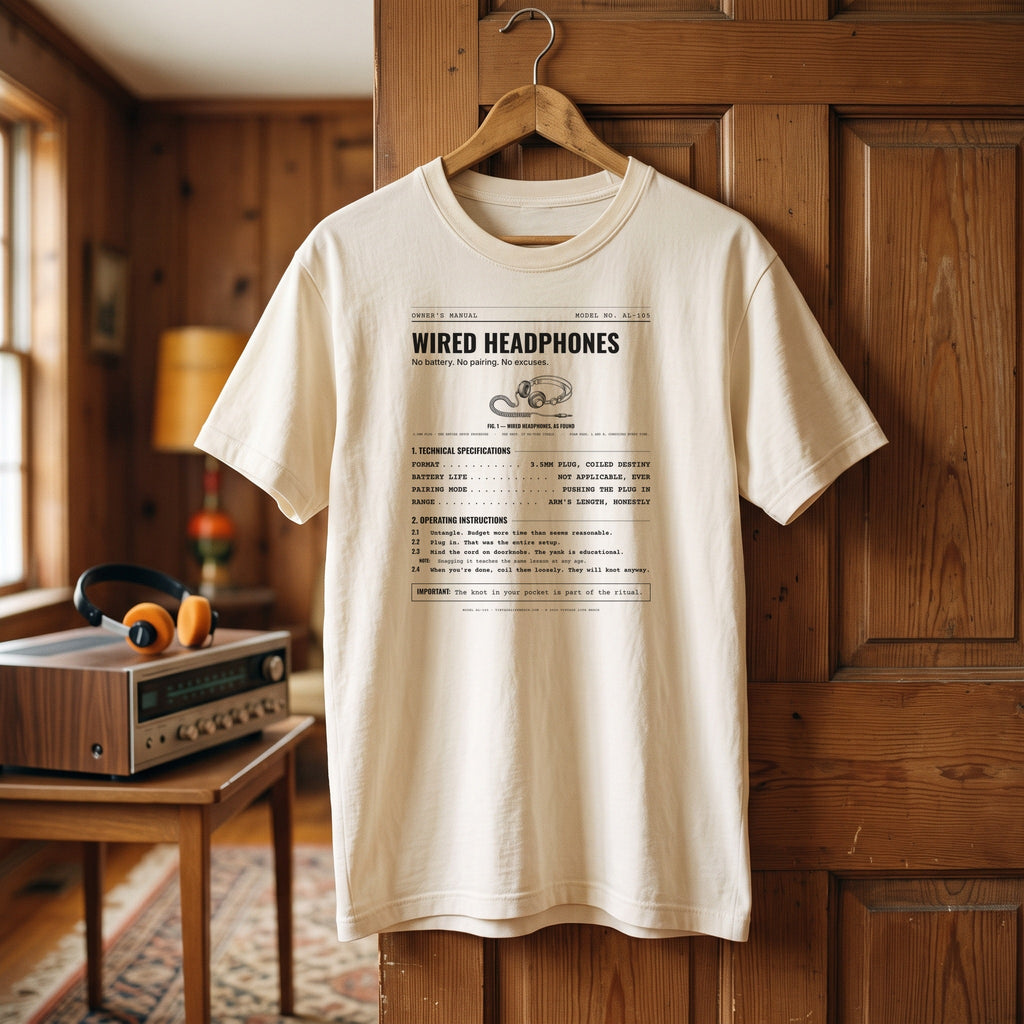 Wired Headphones Spec Sheet Shirt hanging in a 1970s room